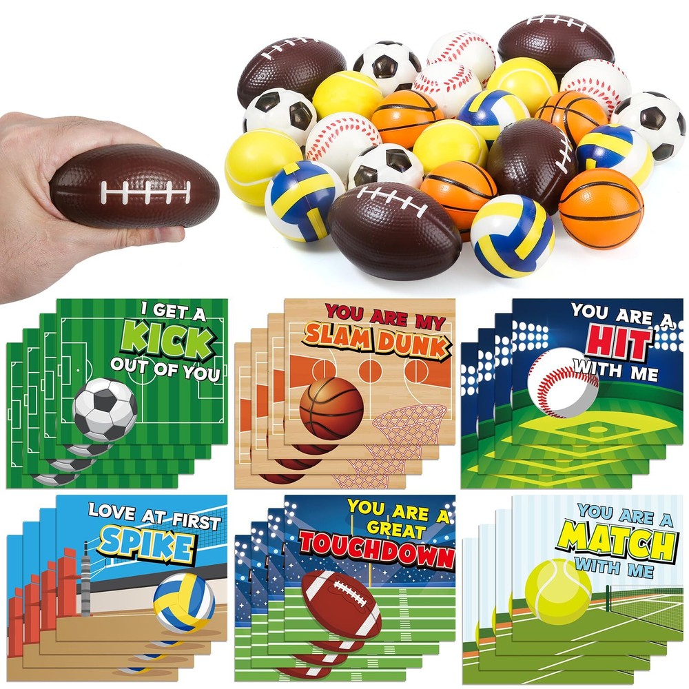 24 Pack Valentine's Day Cards with Mini Sport Balls for Kids School Classroom...
