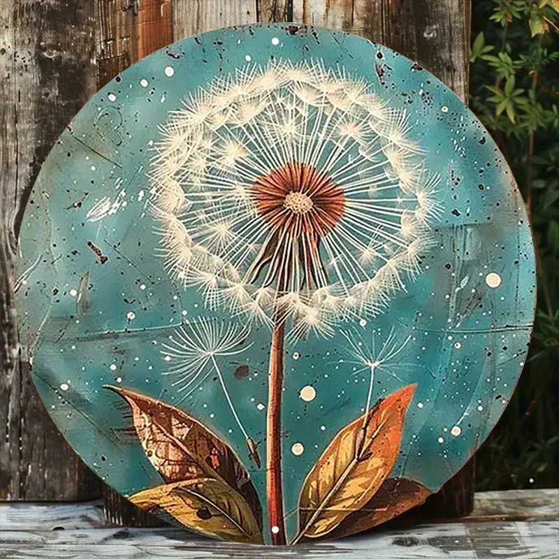 Rustic Dandelion Seed Head Turquoise Round Metal Wall Art