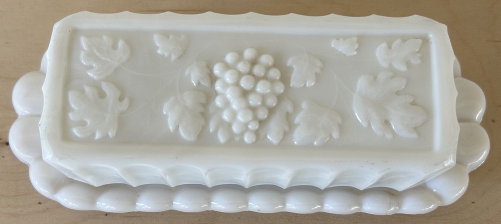 Vintage Westmoreland White Milk Glass Grape Butter Dish with Lid - Repaired Base