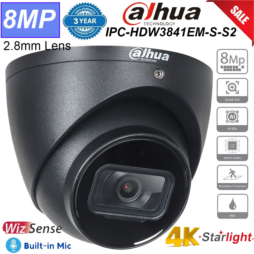 Black 2.8mm DAHUA Original WizSense MIC 8MP 4K IPC-HDW3841EM-S-S2 POE IP Camera