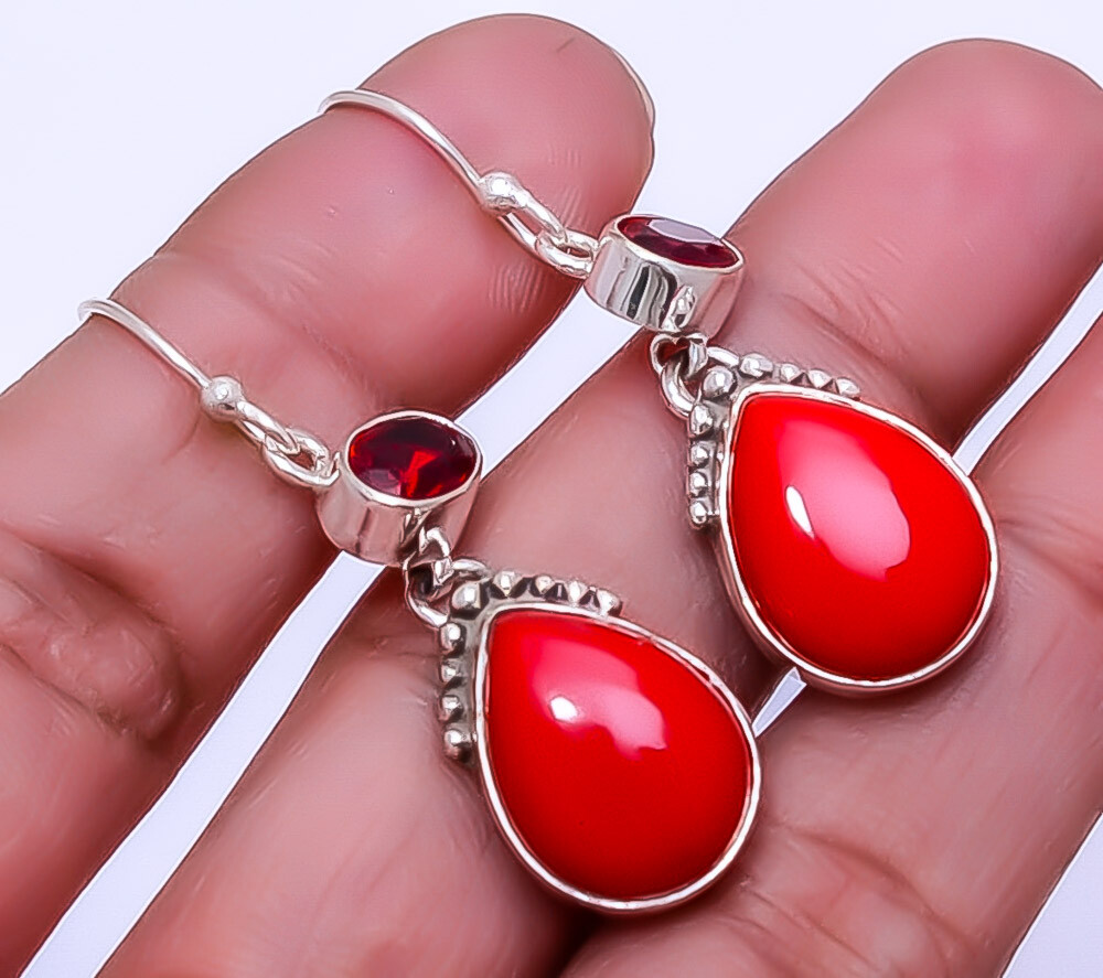 Red Coral & Red Garnet Designer Handmade 925 Sterling Silver Earring 1.72