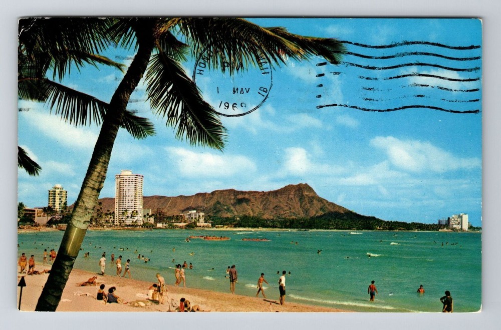 Waikiki HI-Hawaii, Scenic Crowded Beach, c1969, Vintage Postcard
