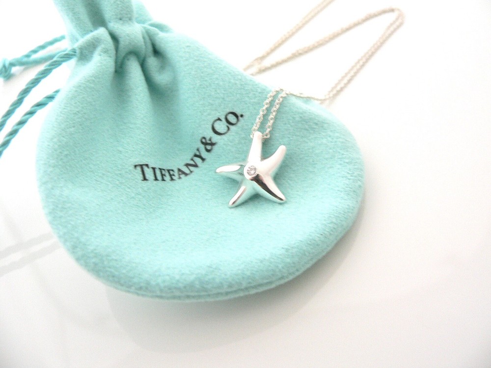 Tiffany & Co Diamond Starfish Necklace Pendant Gift Pouch Love Peretti Silver