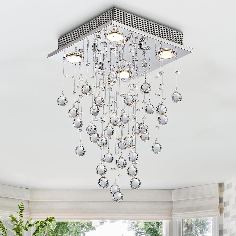 Modern Crystal Square Raindrop LED Flush Mount Chandelier Chrome Finish