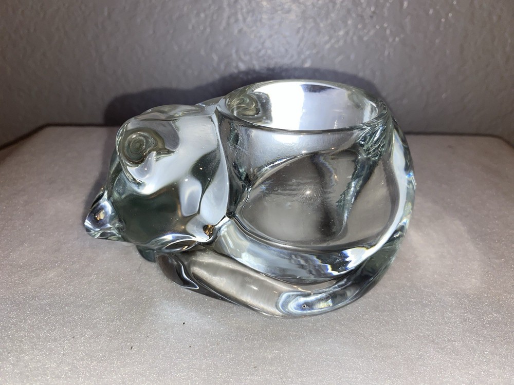 Vintage Indiana Glass Clear Tealight Holder with Sleeping Curled Up Cat Design