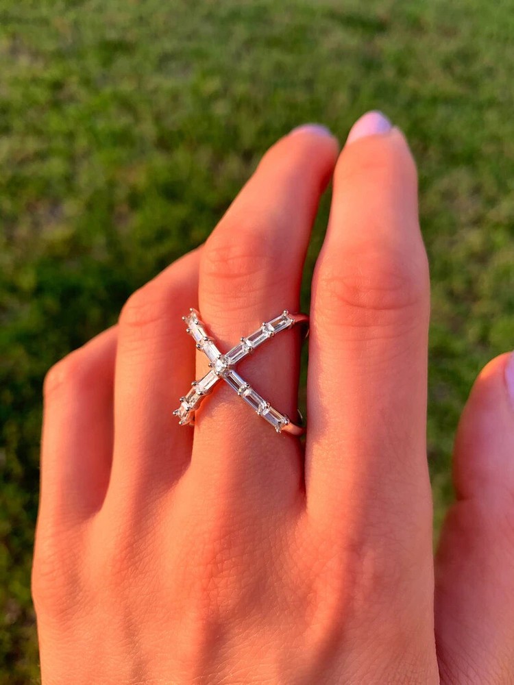 2ct Baguette Simulated Diamond Unique Design Ring 14k Yellow Gold Plated Silver