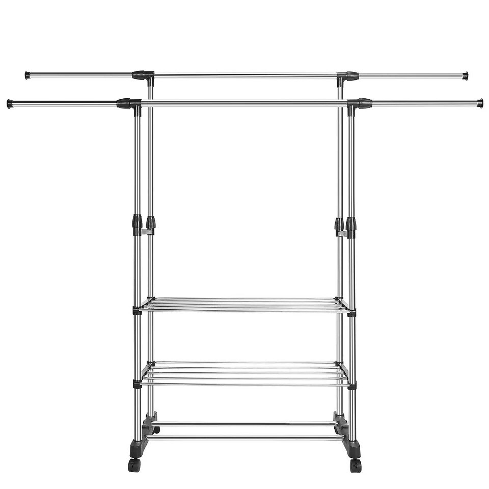 Double garment rack with shoe display and rolling wheels for easy organization-image