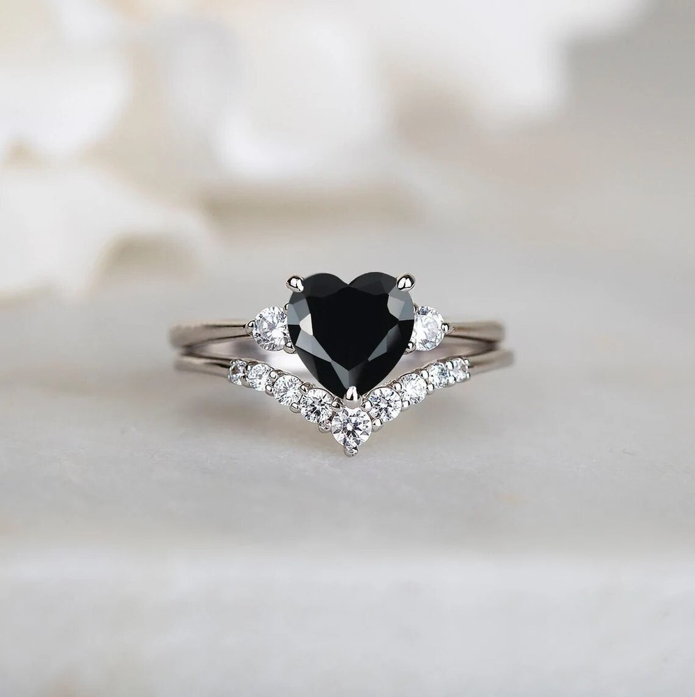 2Ct Heart Cut Simulated Black Diamond Bridal Set Ring In 14K White Gold Plated