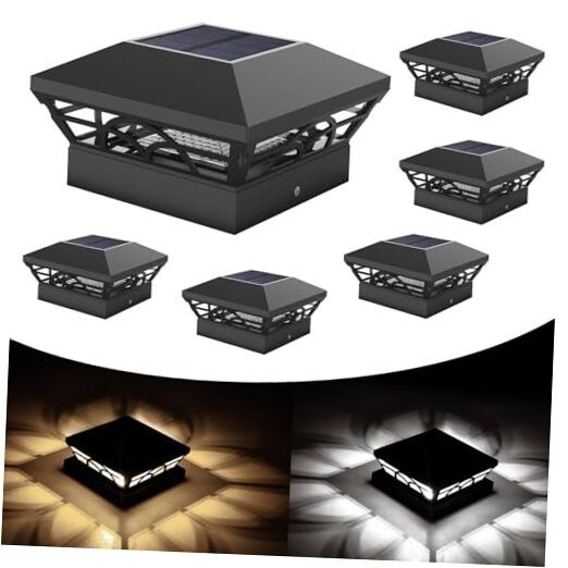 Solar Powered Post Cap Lights Outdoor Waterproof for 6 Pack Black-V2