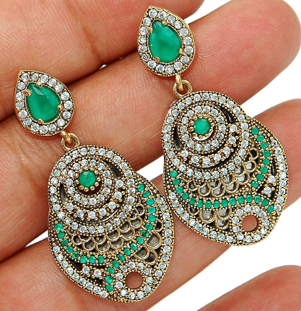 Sterling Silver 6CT Emerald Ottoman Empire Style Stud Earrings TE3513