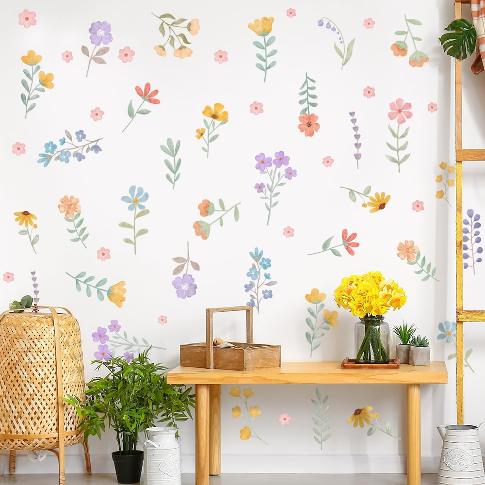 Boho Flower Wall Decals，Watercolor Flower Wall Art，Wildflower Wall Decals，Girls