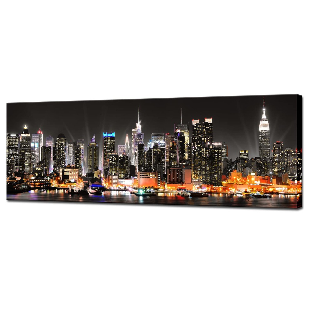 New York City Canvas Wall Art Manhattan Skyline at Night Picture Prints Frame...