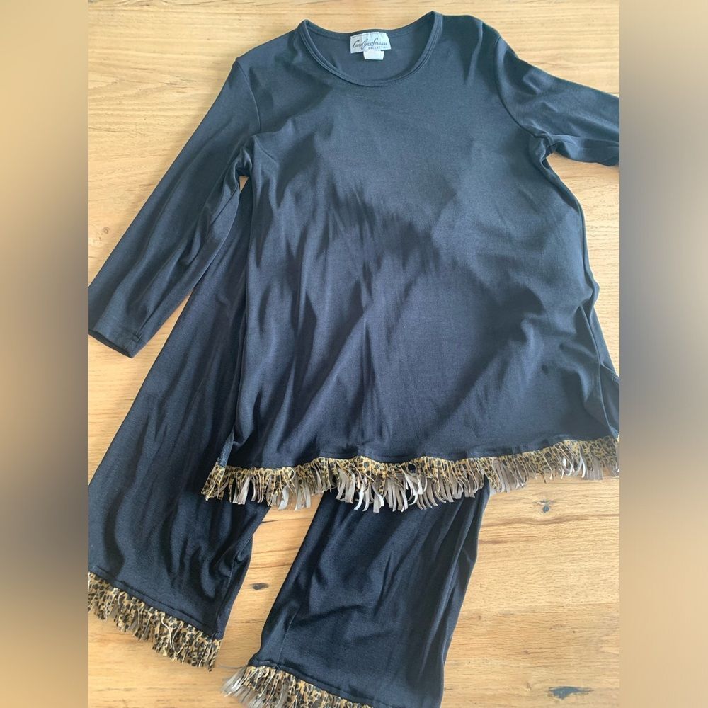 Carolyn Strauss Loungewear Women's L Black Animal Print Fringe 3/4 Sleeve Set