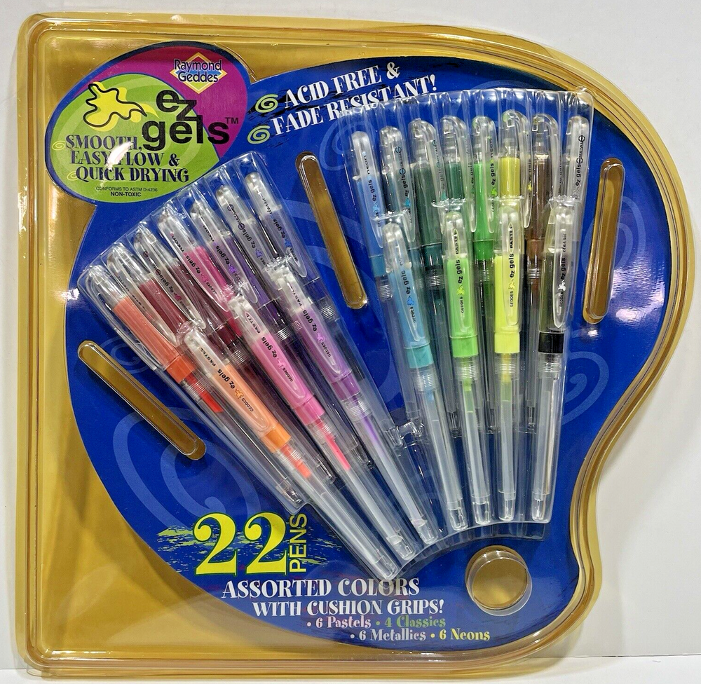 NOS Raymond Geddes EZ Gels Gel Pens - 22 Pen Pack - Pastels, Metallics, Neons