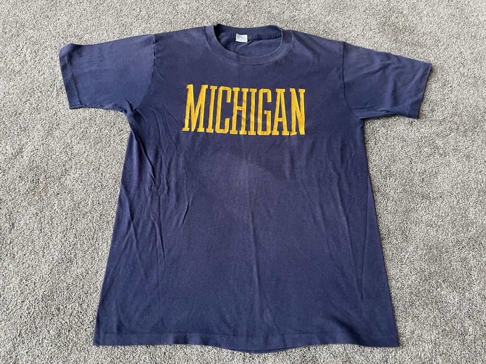 Vintage Michigan Wolverines Shirt Mens Large Blue Spell Out Faded Distressed 70s
