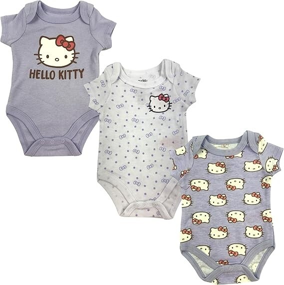 Hello Kitty Baby Girls 3-Pack Bodysuits Sizes NB to 9M Soft Cotton Cute Outfits