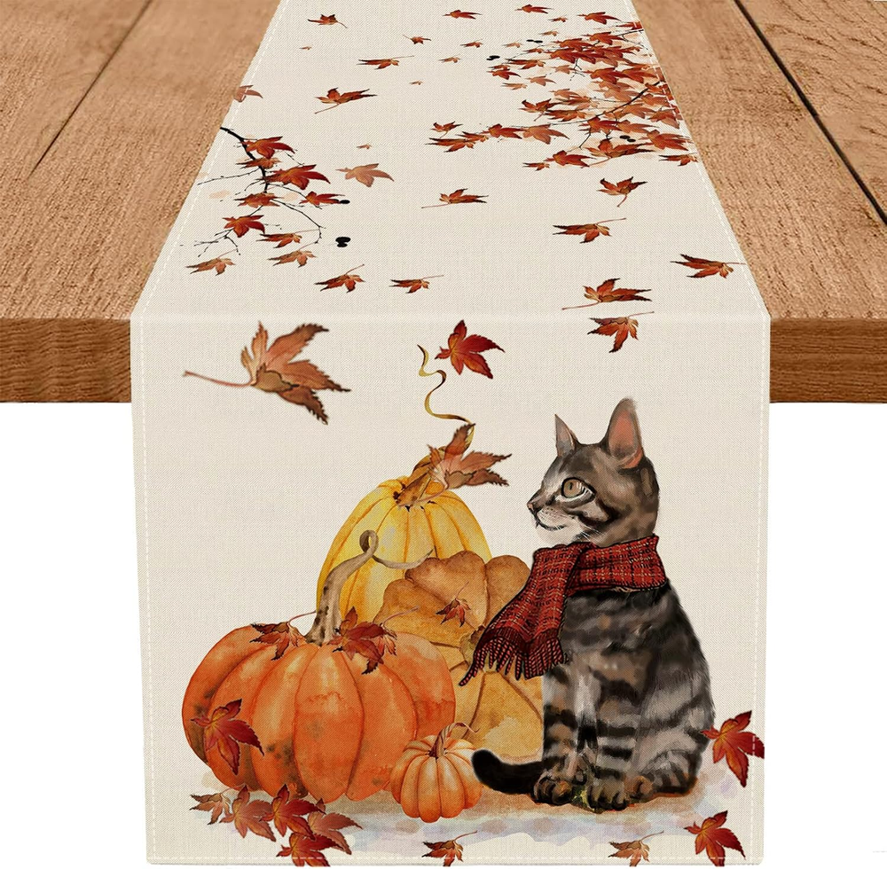 Fall Harvest Table Runner with Pumpkins Cats and Maple Leaves  