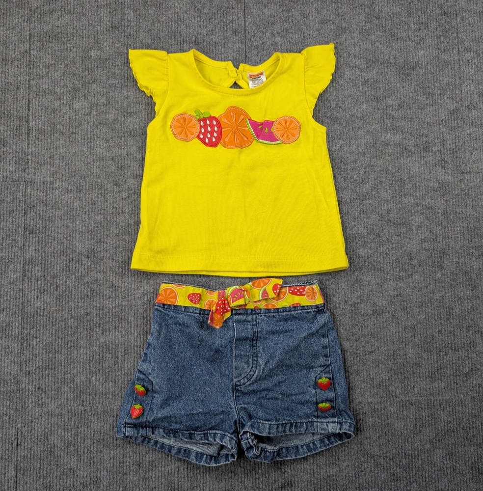 Vintage Fisher Price Set Baby Girls 24M Fruit Denim Shorts T Shirt 90s Summer