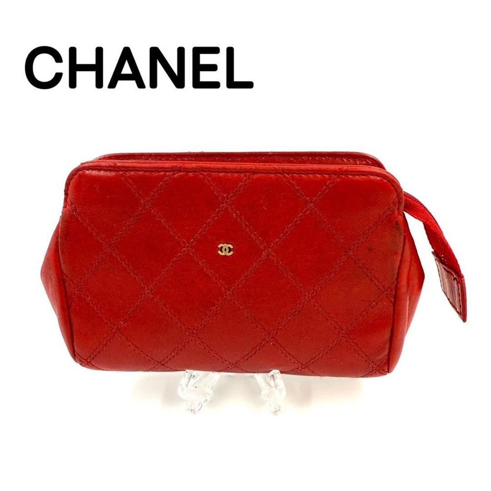 CHANEL Quilted Pouch Leather Red
