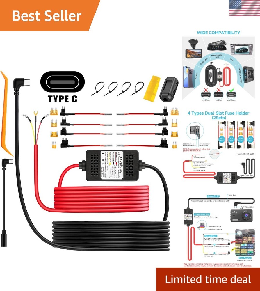 USB-C Dash Cam Hardwire Kit with 24-Hour Power & Low Voltage Protection - 13ft
