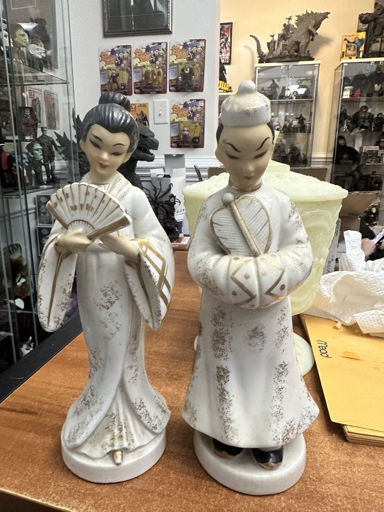 Vintage Geo Lefton 1956 Pair Of Gold And White Geisha And Male Figurines 9.5