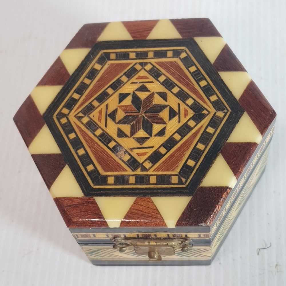 Vtg Marquetry Hexagon Box Jewelry Chest Wooden Inlaid Trinket Geometric