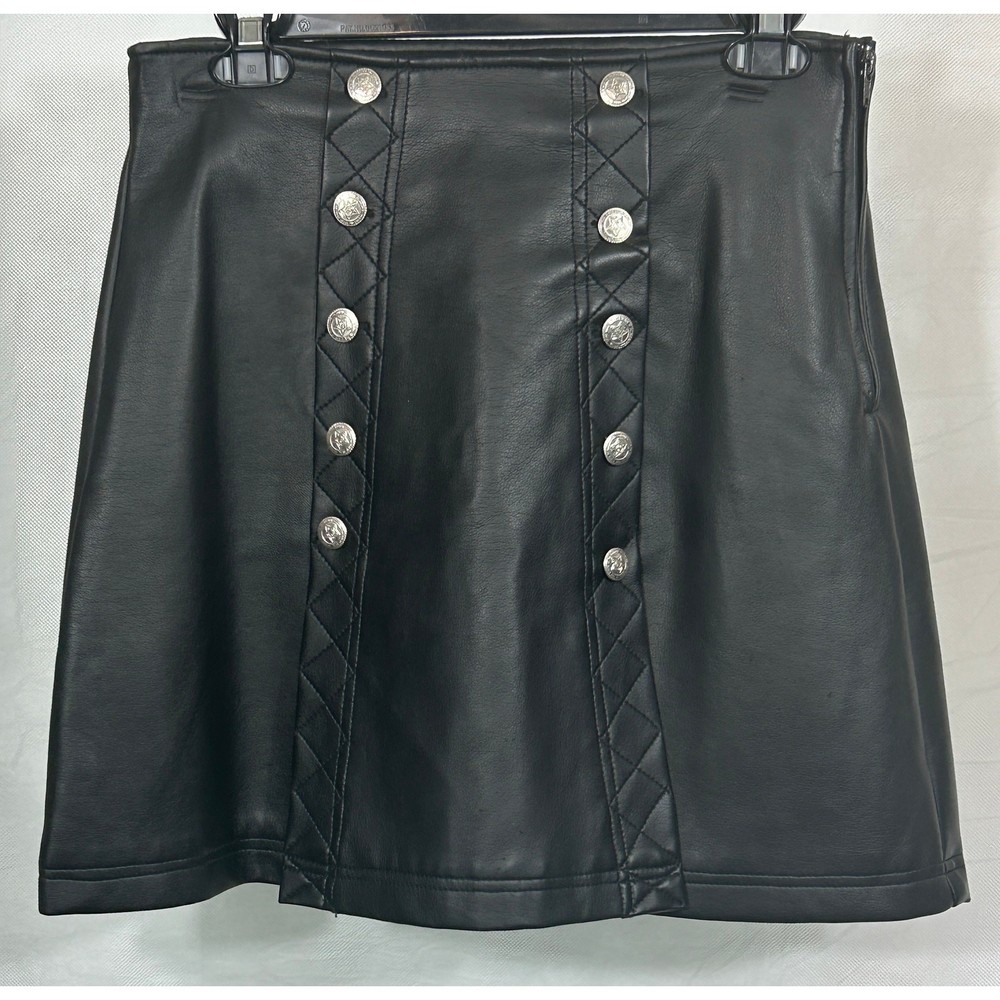 Faux Leather Skirt with Silver Buttons and Quilted Detail in Size M