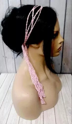 crochet womans handmade gypsy boho headband  hair scarf tie pink love