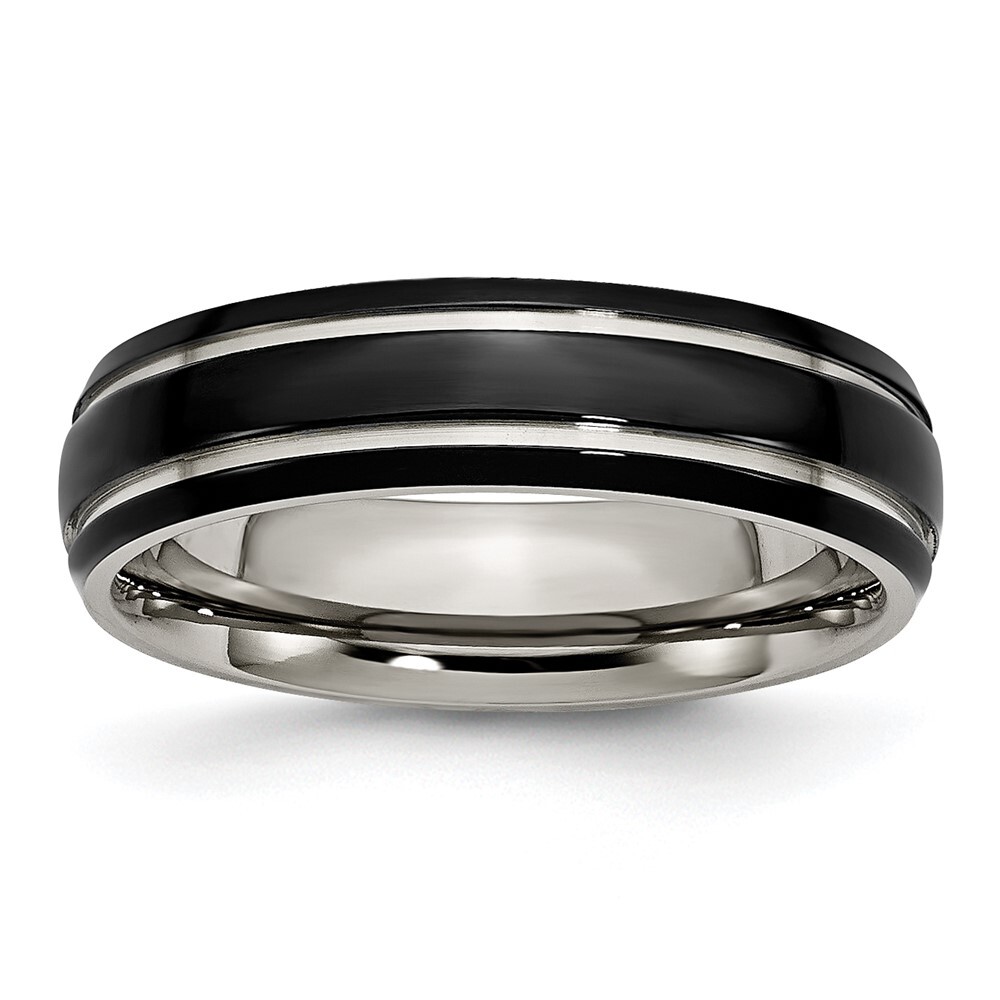 Titanium Polished Black IP-plated 6mm Grooved Band Ring Size 8