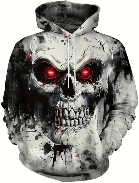 Horror Skull Hoodie Red Eyes Graphic 3D Pullover Sweatshirt Unisex Halloween