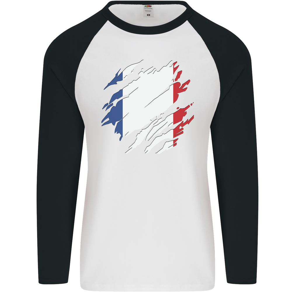 Torn France Flag French Day Football Mens L/S Baseball T-Shirt