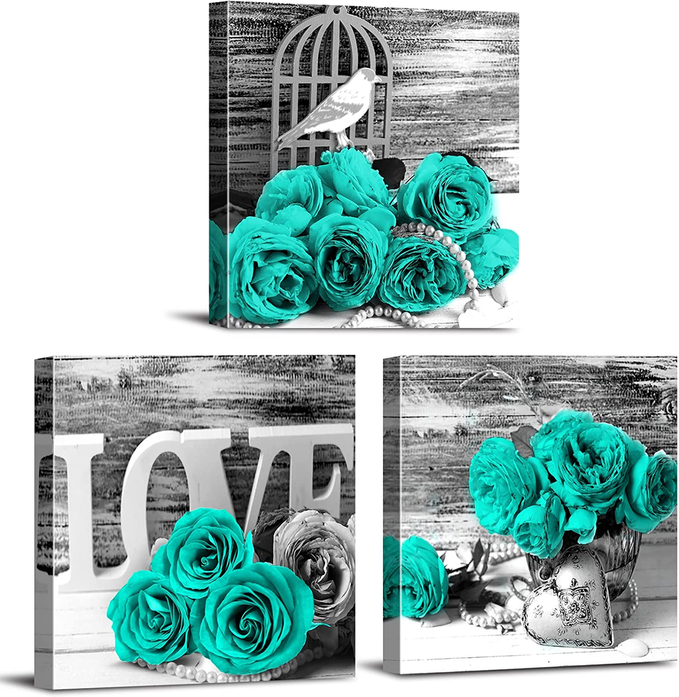 Teal and Grey Rose Wall Art for Bathroom Bedroom Living Room Decor