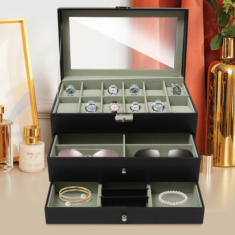 3-Tier Lockable Jewelry Organizer with Watch Slots & Drawers in PU Velvet