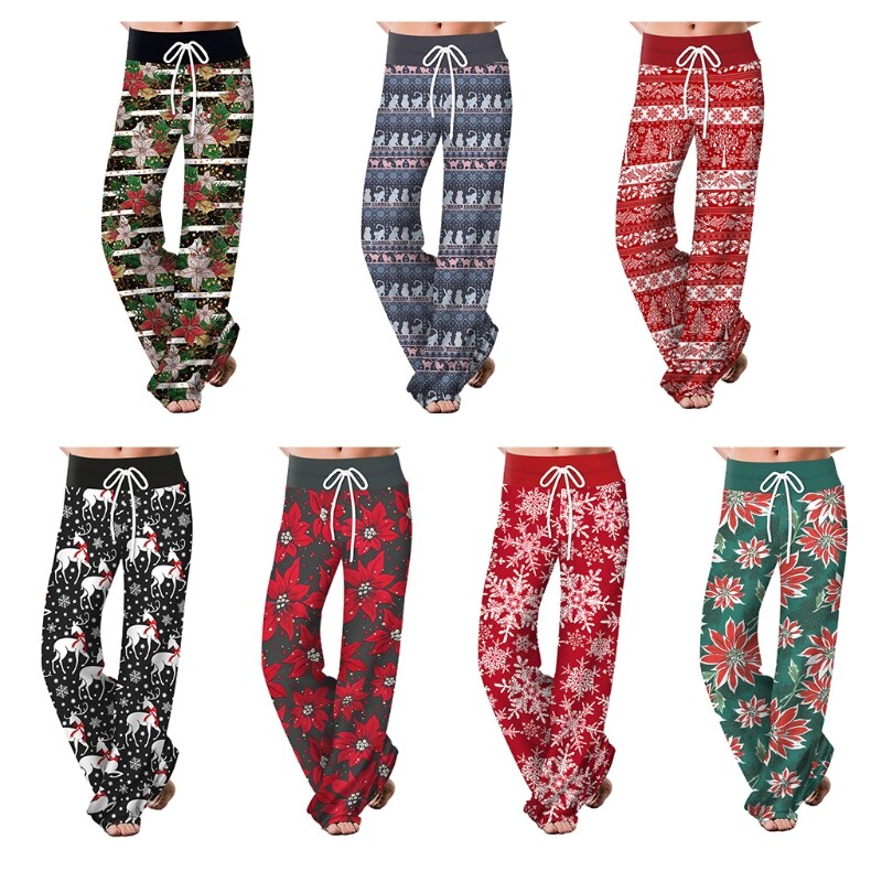 Women Christmas Pajama Pants Drawstring Wide Leg Loose Palazzo Trousers