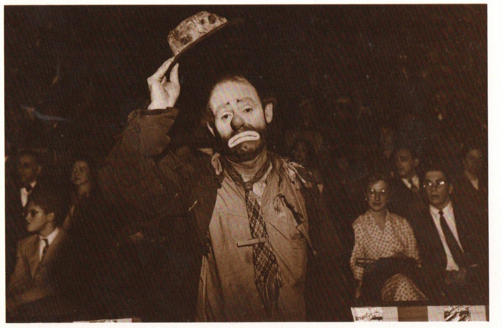 Emmett Kelly Sepia Tone Postcard Photo by Weegee Circa 1945 Printed 1980's AmPCC
