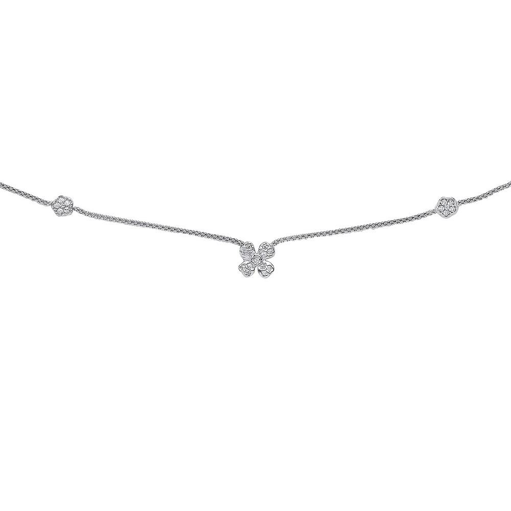 Silver Jewelco London CZ Pave Flower Clover Popcorn Necklace 1mm
