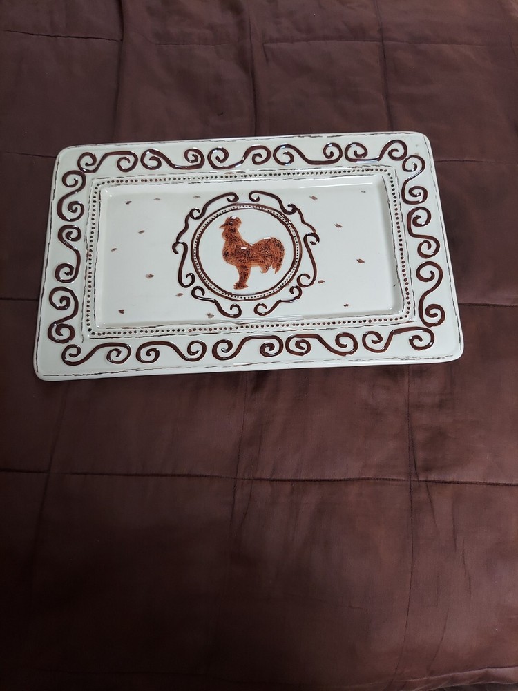 Serving Platter Rooster Design Hand Painted Rustic Country Chicken With Stand