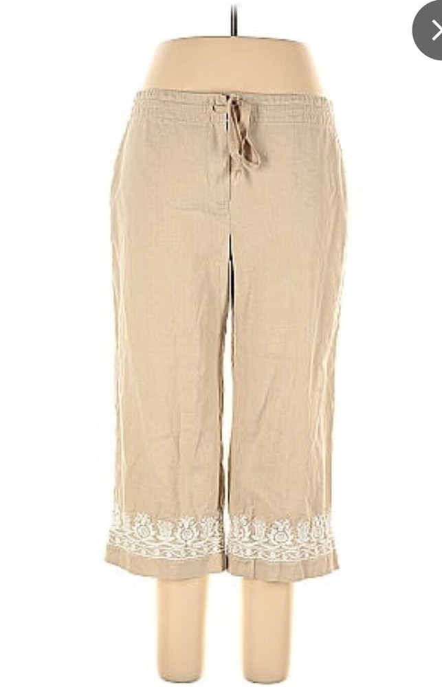 Talbots Women's Linen Blend Beige Capri Pants Size 12 Embroidered Boho Straight