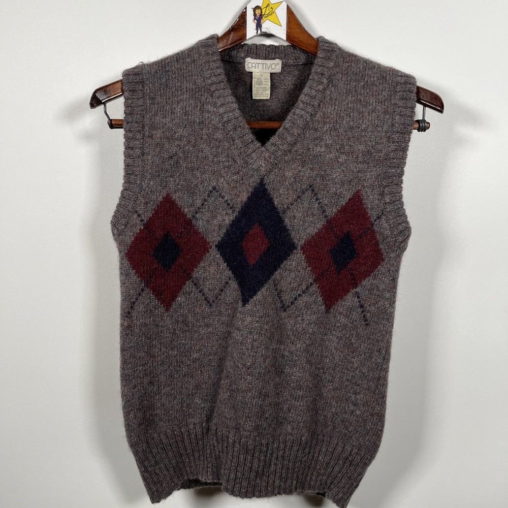 Vtg 100% Wool Argyle Diamond Sweater Vest Small Marled Grandpa Core Academia