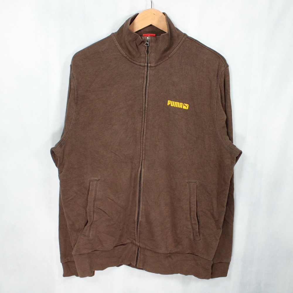 PUMA Mens Zip Hoodie Sweater Large Brown Spellout Vintage Y2K Lightweight