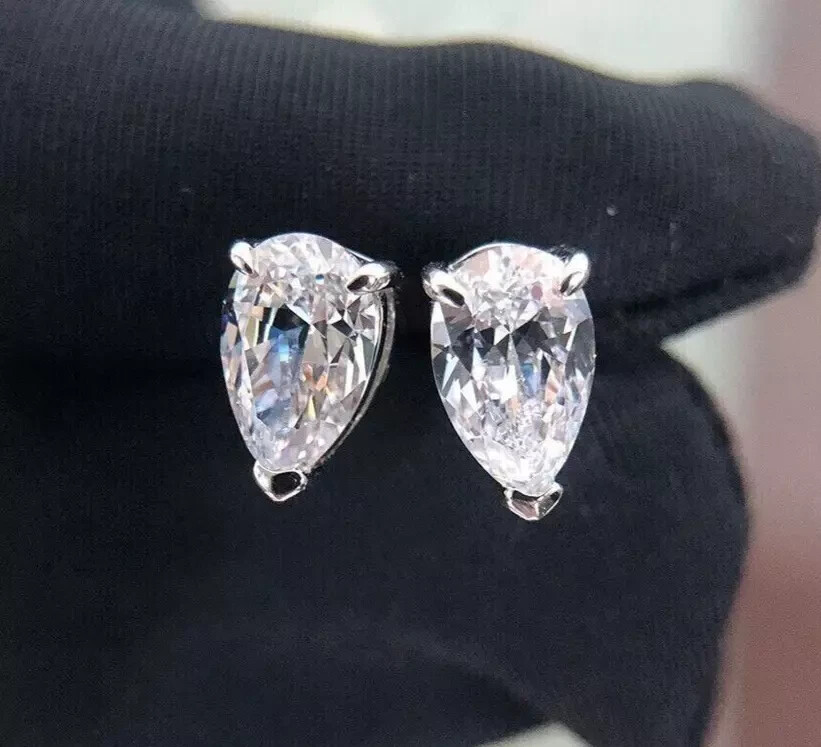 2.0Ct Pear Cut Lab Created Diamond Solitaire Stud Earrings 14K White Gold Plated