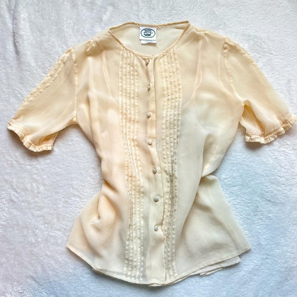 Vintage Laura Ashley Top \ Vintage 90s Retro Silk Light Yellow Button-Up Blouse