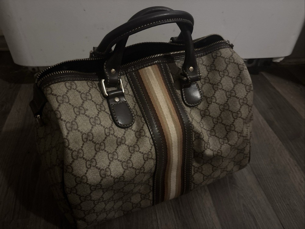 Authentic Gucci GG Canvas Boston Bag Brown Leather Web Stripe Vintage 2000s