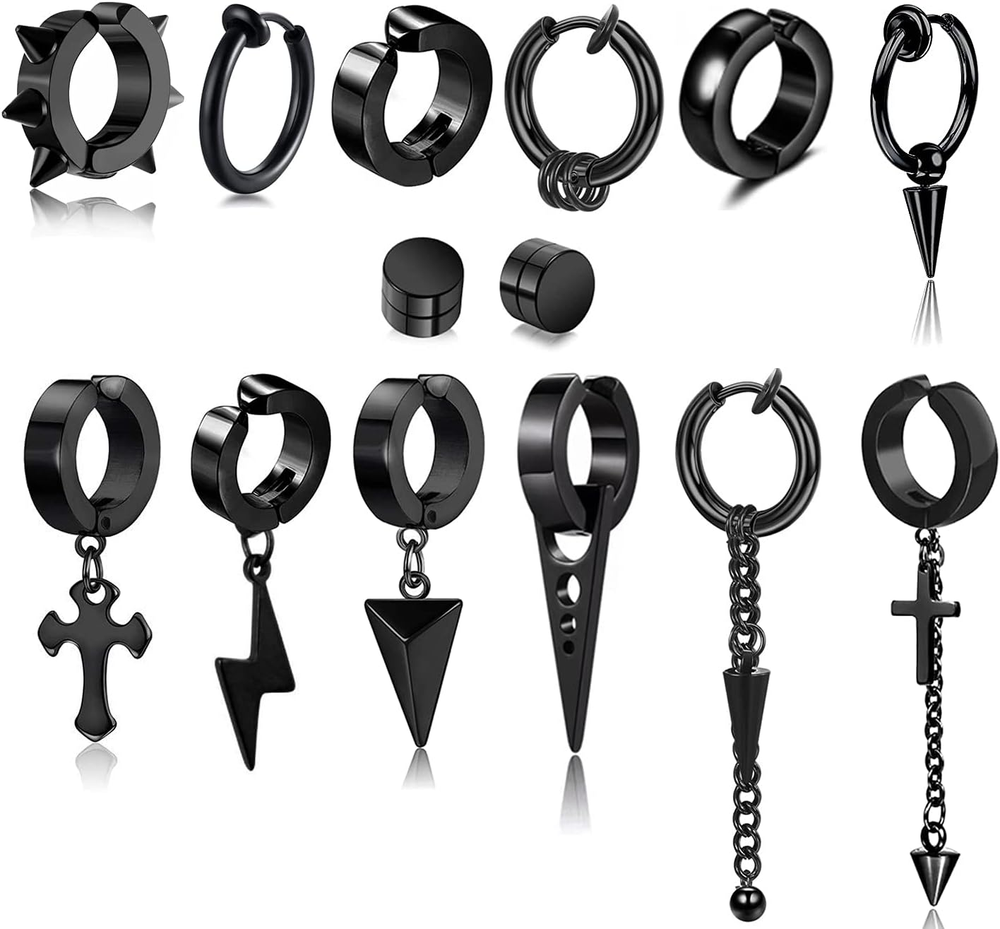 5 Black Stainless Steel Non-Piercing Spike Rivet Tassel Clip Earrings