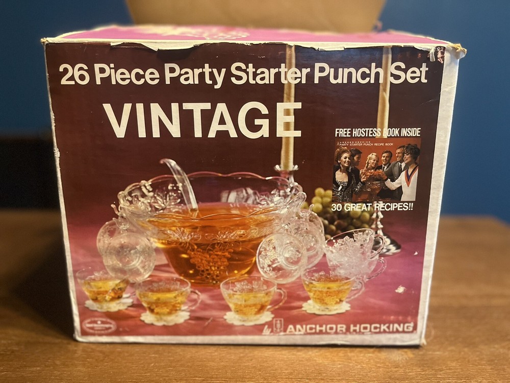 Anchor Hocking Vintage 600/92 Party Starter Punch Set w/Ladle 26-piece Grapes
