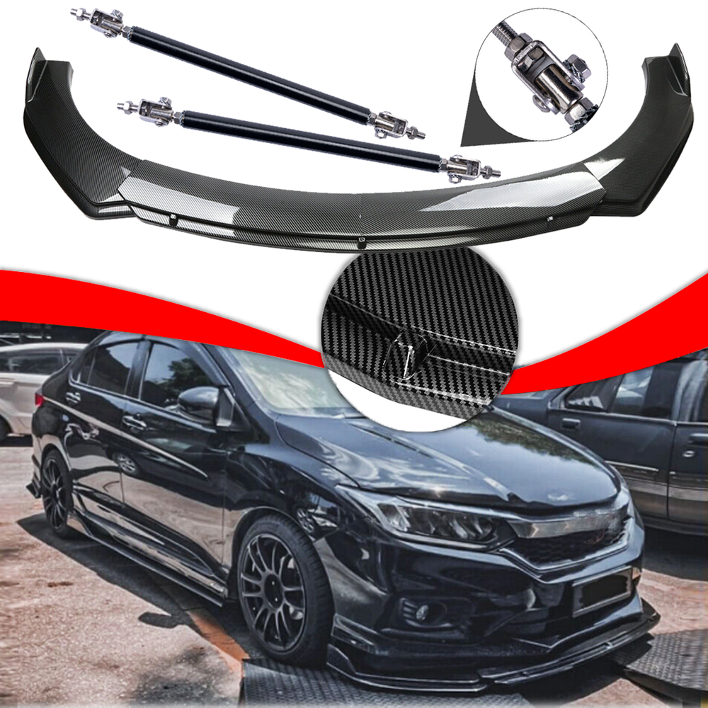 For Honda City 2010-22 Carbon Fiber Style Front Bumper Lip Spoiler Strut Rods