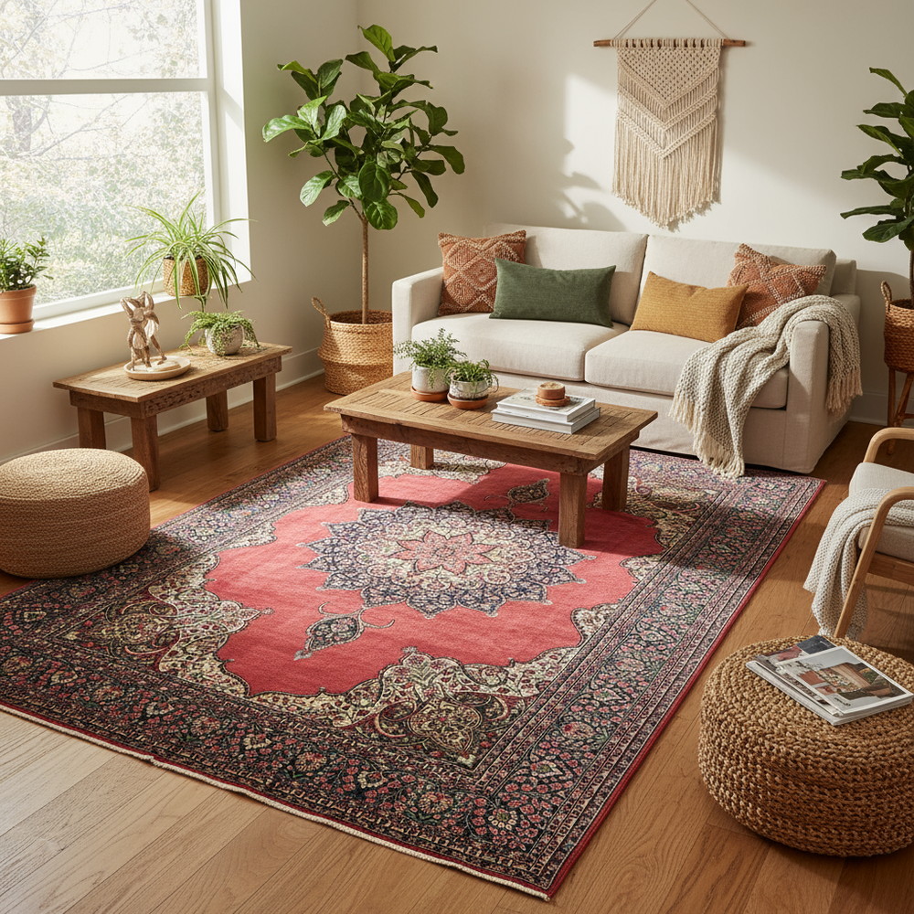 8x12 Hand Woven Turkish Rug: Living Room Red Medallion Rug