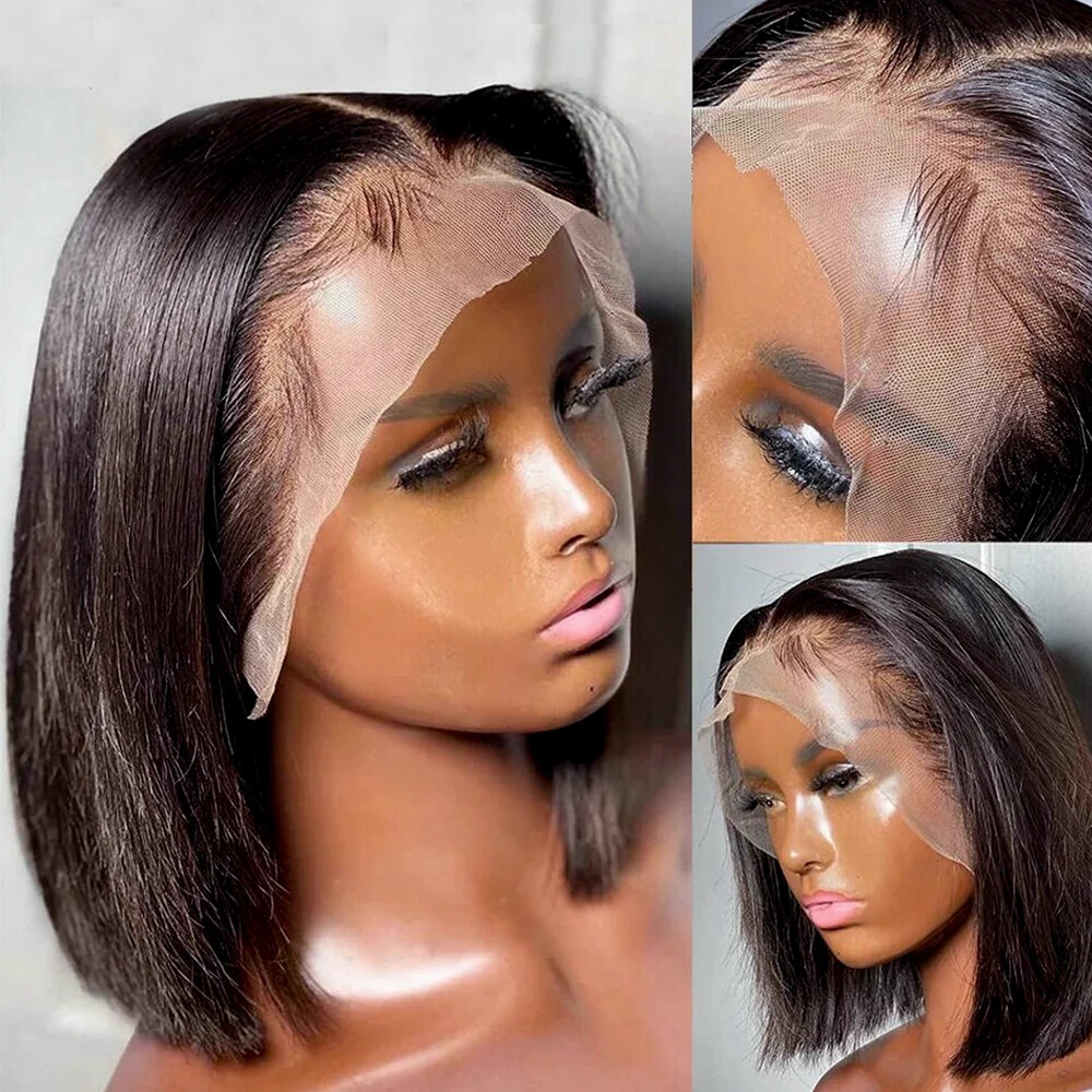 Short Straight Bob Lace Front Human Hair Wig with T-Part HD Glueless Closure