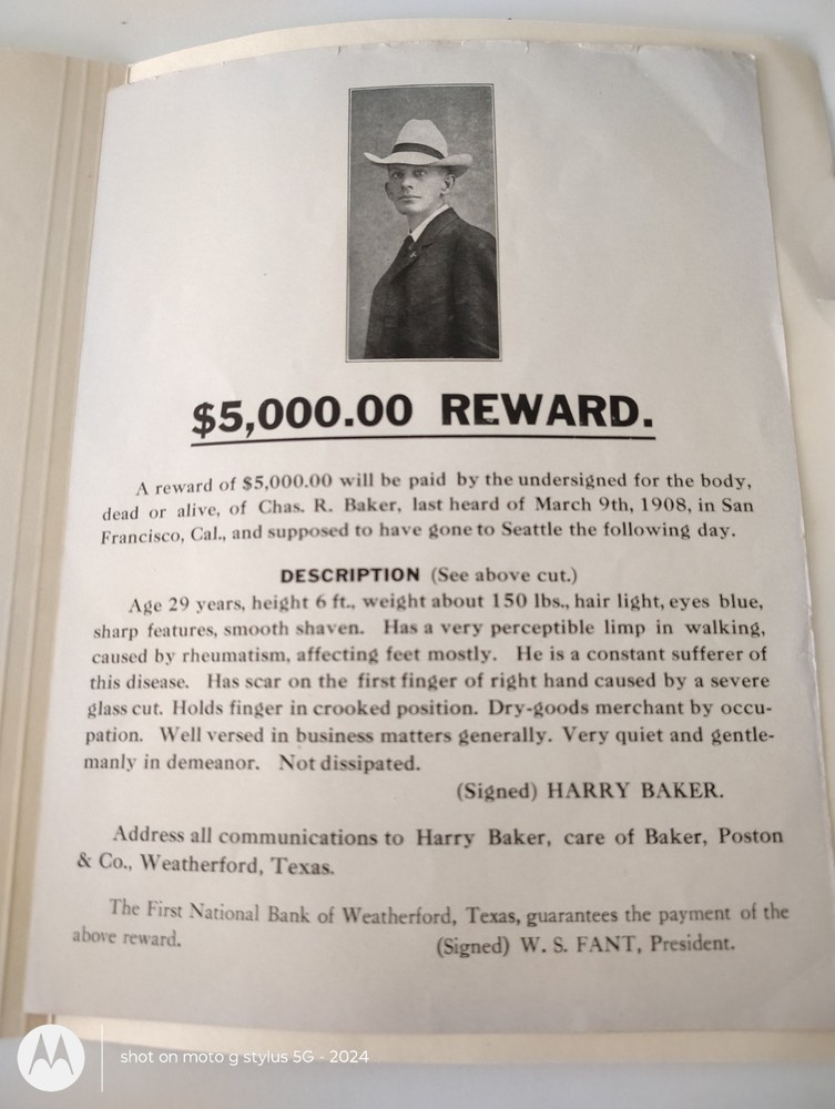 1908 Wanted poster $5000 Reward dead or alive Charles R Baker Weatherford TX