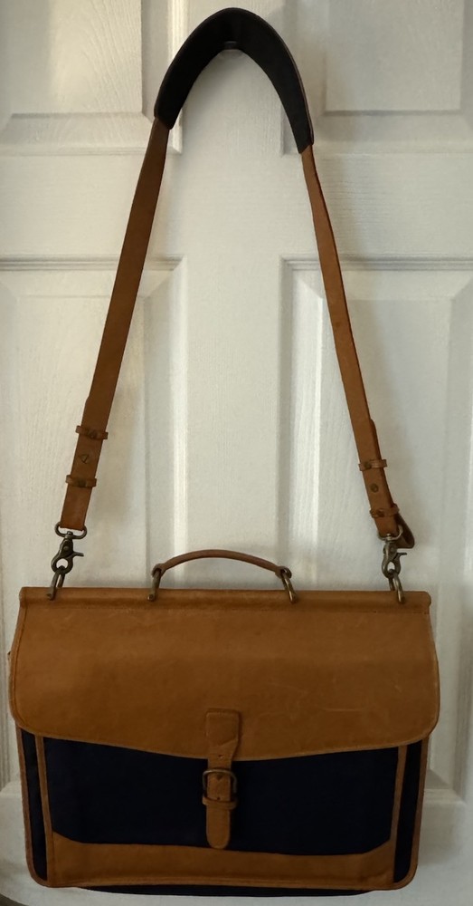 Vintage LL Bean Navy Waxed Canvas Leather Briefcase with Strap Made in USA Like New